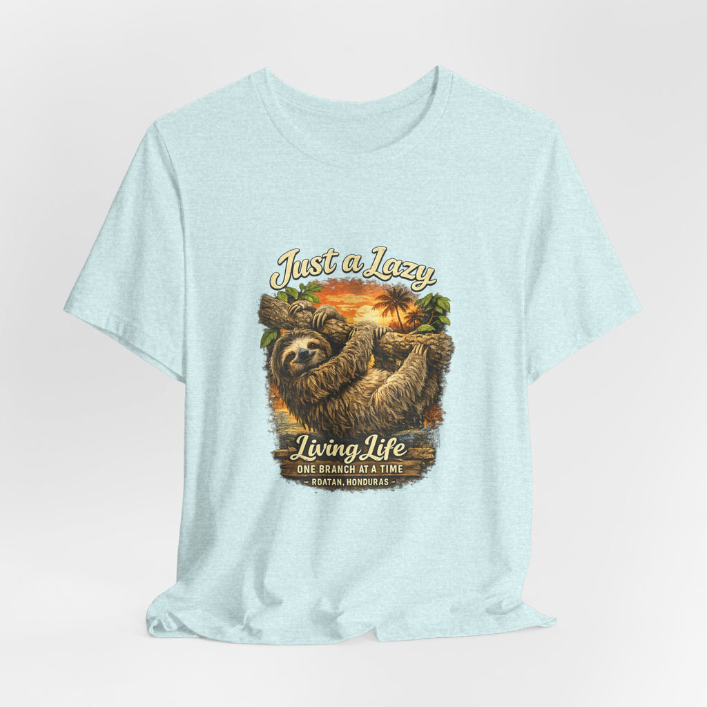 Sloth 'Just a Lazy Living Life' Graphic Tee — Beach Sunset Relaxed T-Shirt