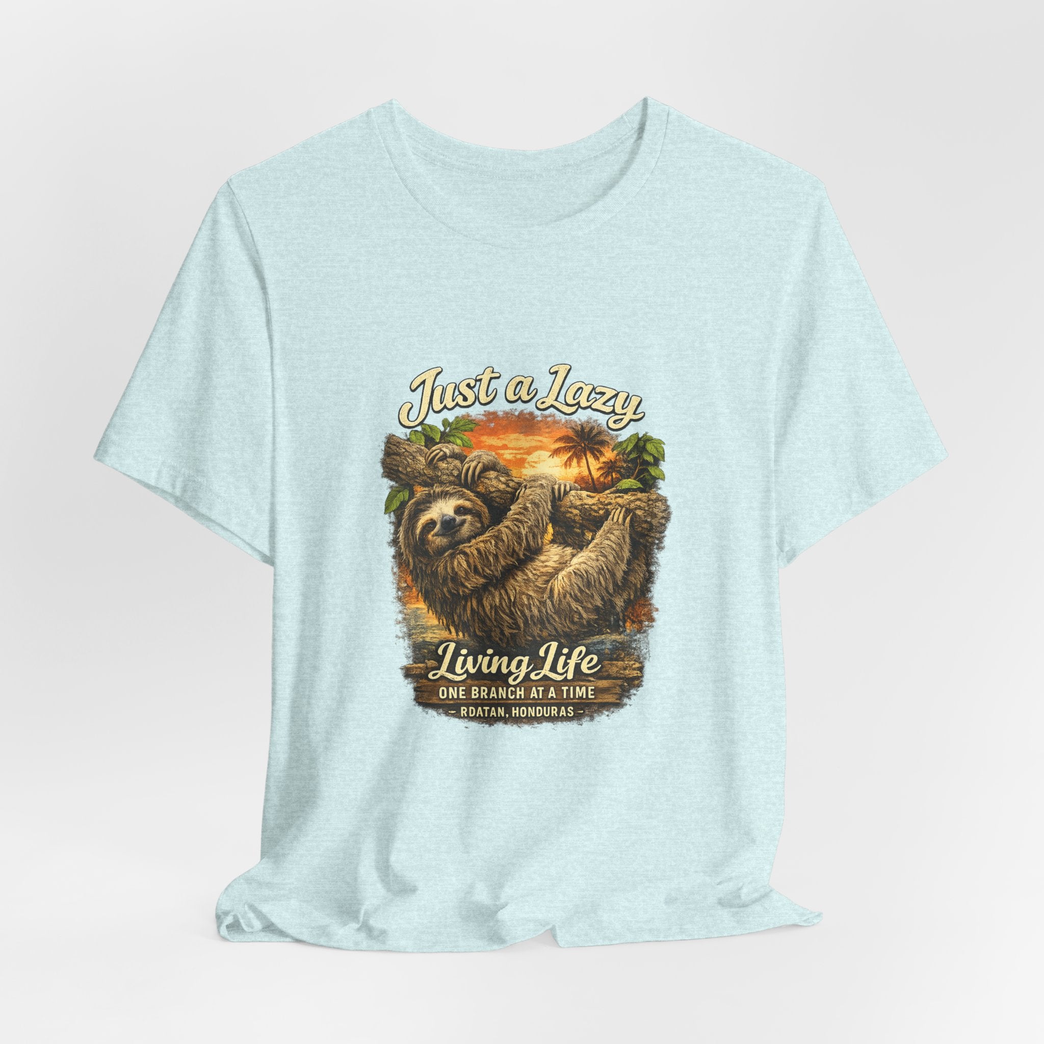 Sloth 'Just a Lazy Living Life' Graphic Tee — Beach Sunset Relaxed T-Shirt