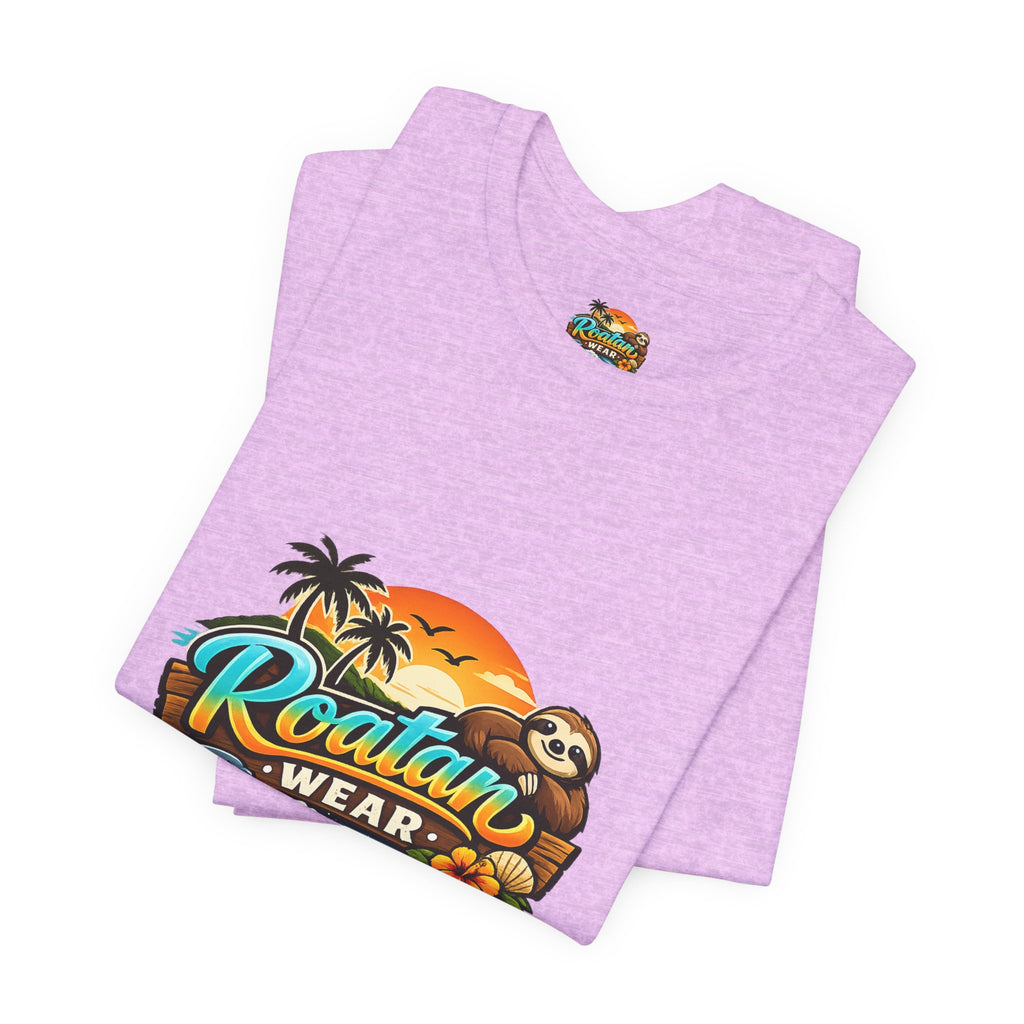 Roatán Wear Tropical Sunset Tee — Island Vibes Sloth Graphic Shirt