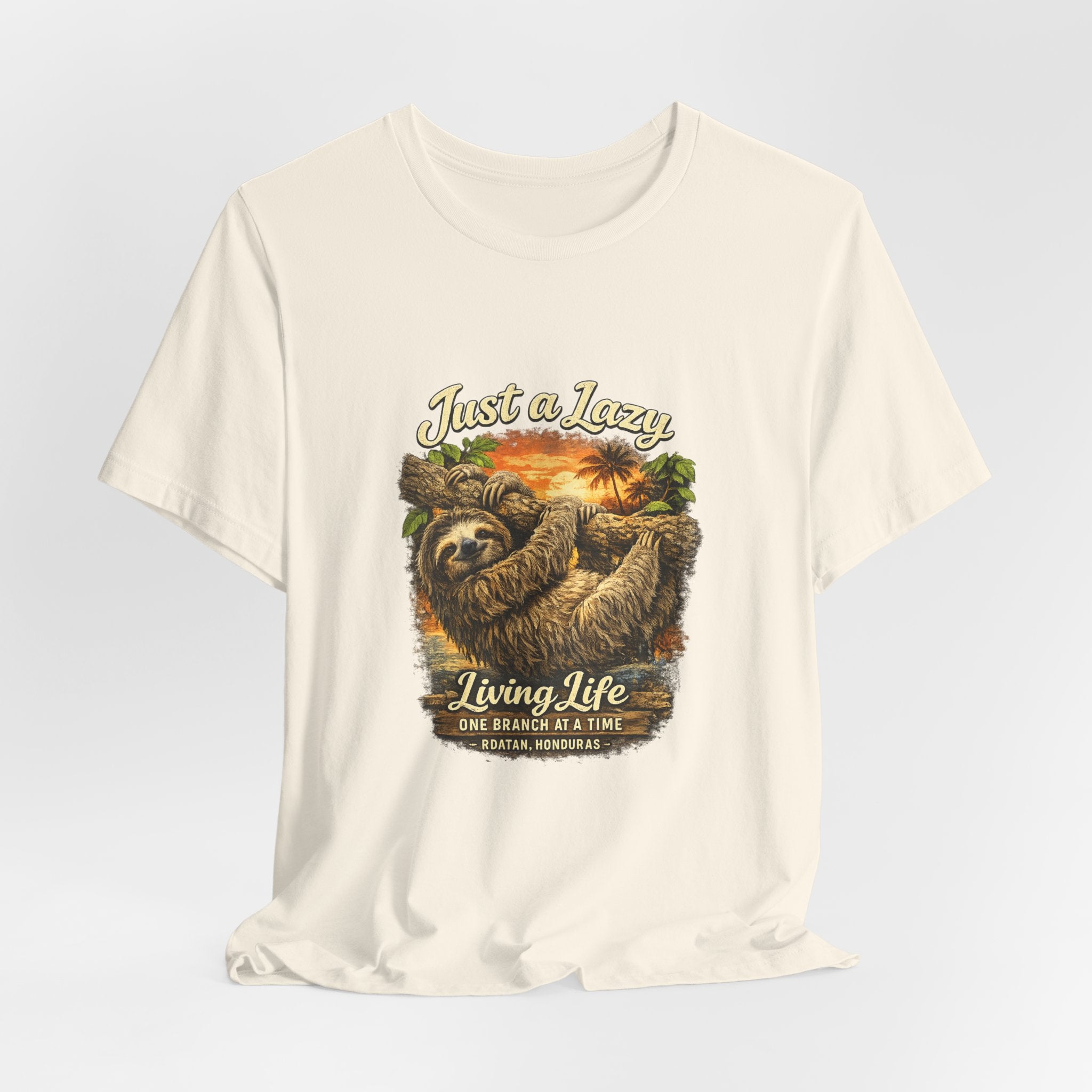 Sloth 'Just a Lazy Living Life' Graphic Tee — Beach Sunset Relaxed T-Shirt