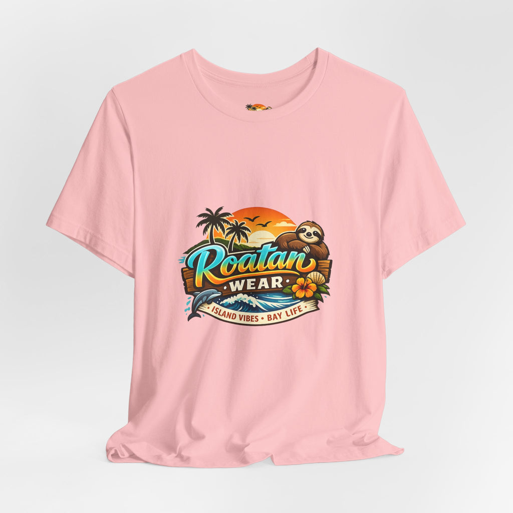 Roatán Wear Tropical Sunset Tee — Island Vibes Sloth Graphic Shirt
