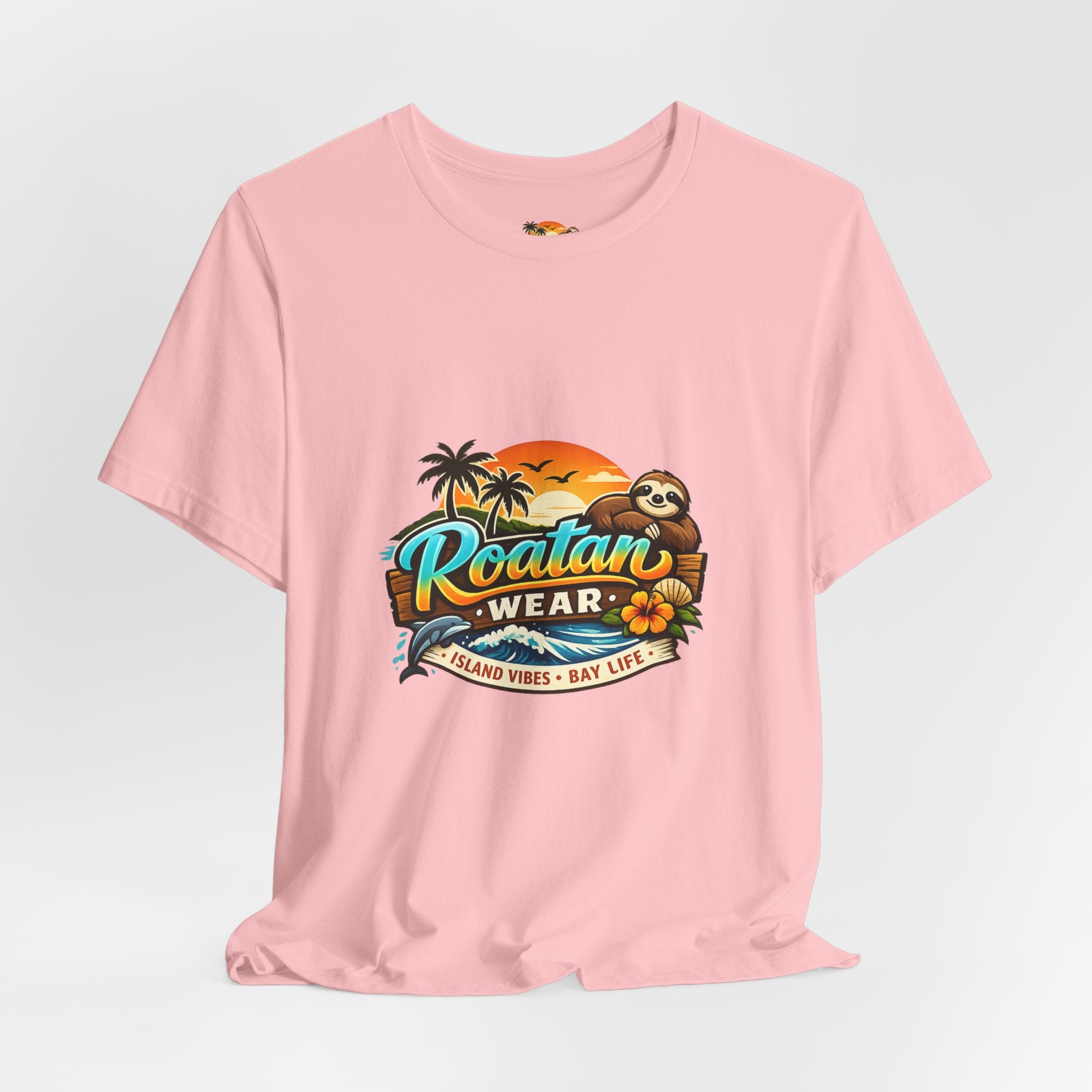 Roatán Wear Tropical Sunset Tee — Island Vibes Sloth Graphic Shirt