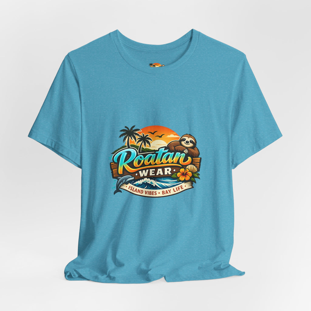 Roatán Wear Tropical Sunset Tee — Island Vibes Sloth Graphic Shirt
