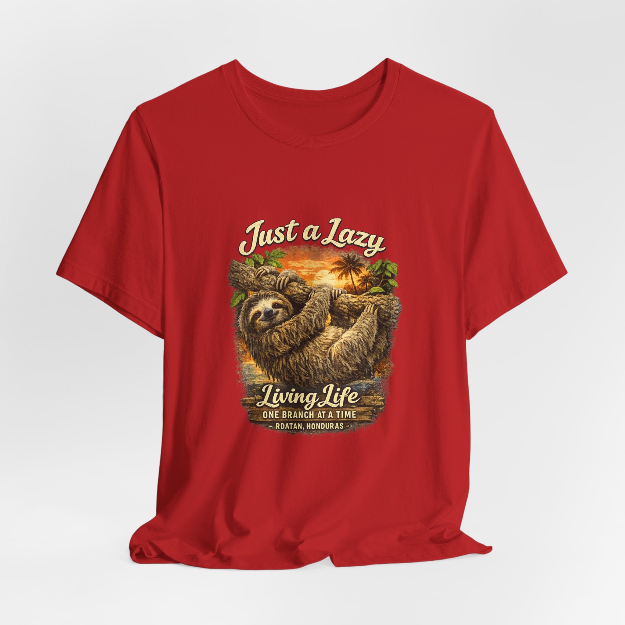 Sloth 'Just a Lazy Living Life' Graphic Tee — Beach Sunset Relaxed T-Shirt