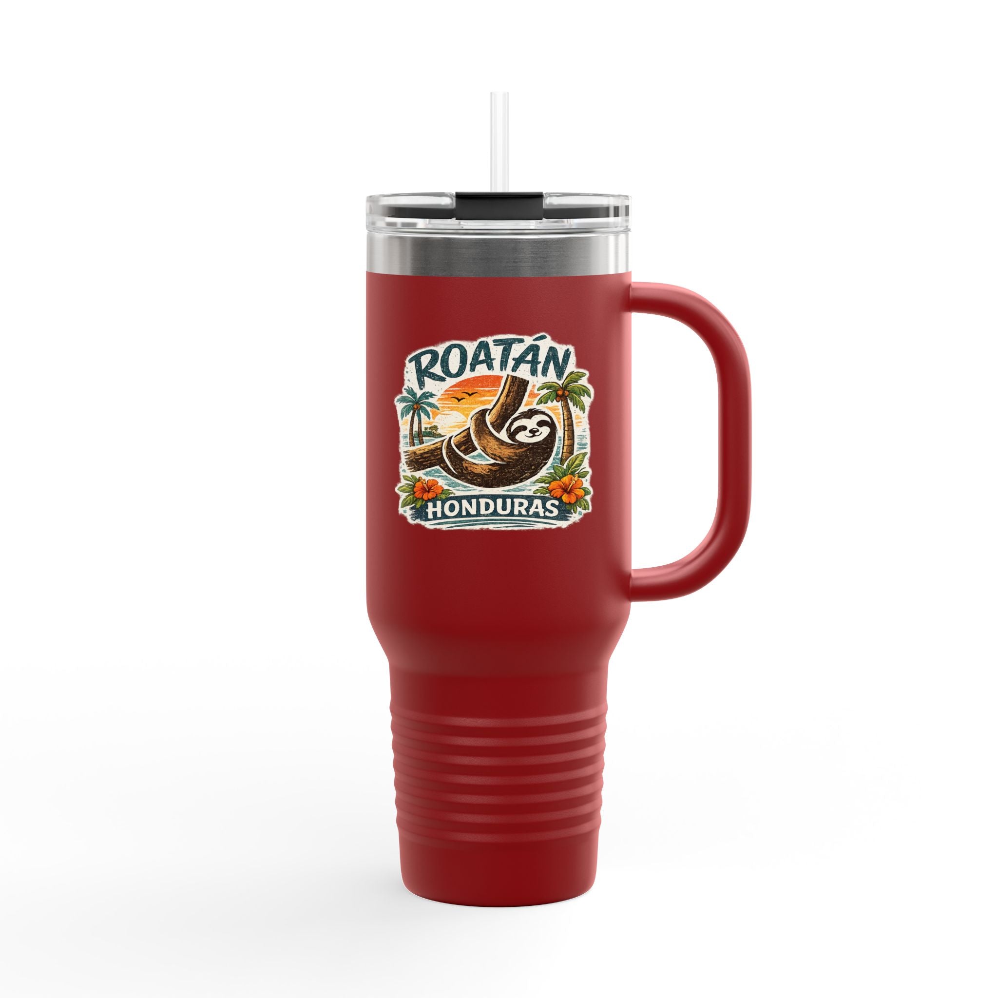 Roatán Honduras Travel Mug 40oz — Tropical Palm & Sloth Insulated Tumbler