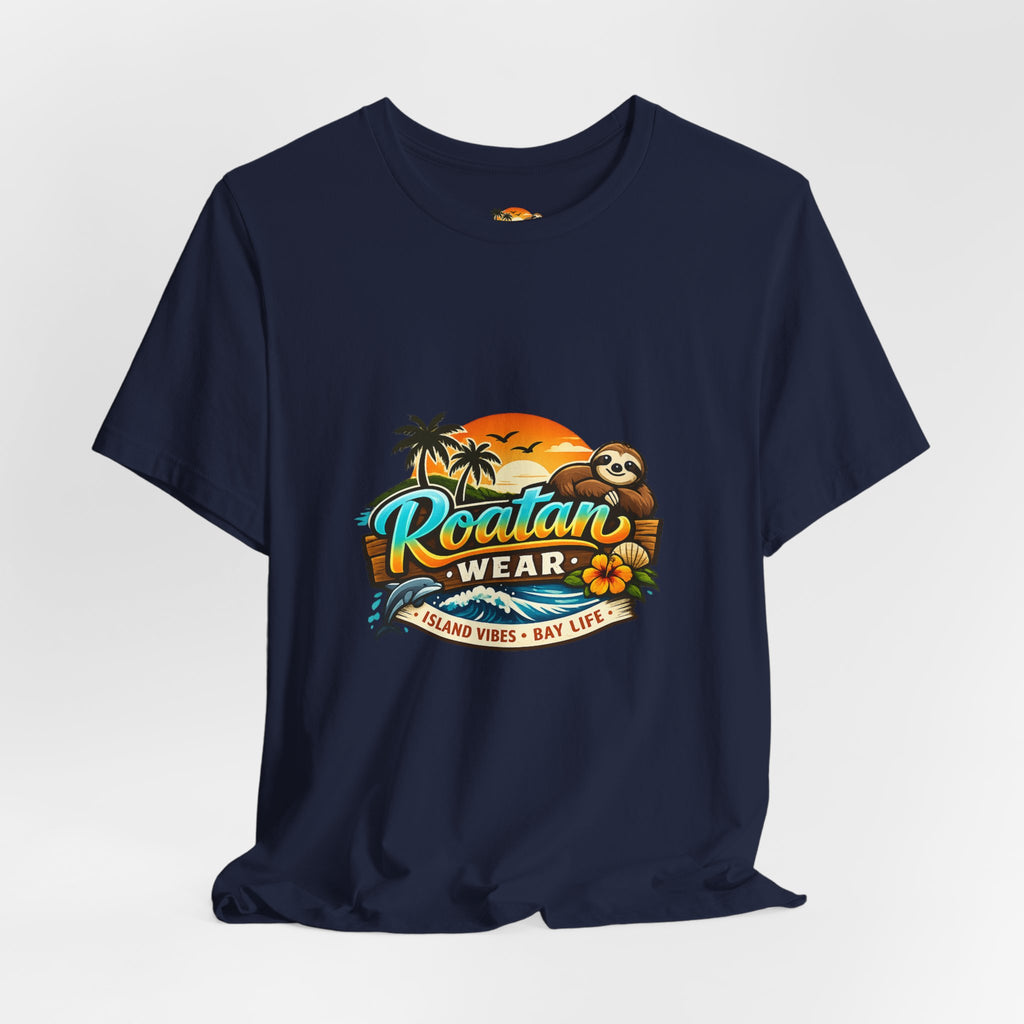 Roatán Wear Tropical Sunset Tee — Island Vibes Sloth Graphic Shirt